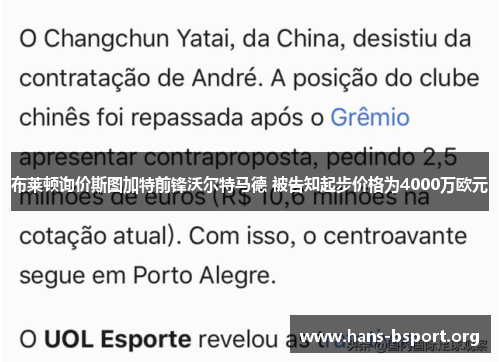 布莱顿询价斯图加特前锋沃尔特马德 被告知起步价格为4000万欧元